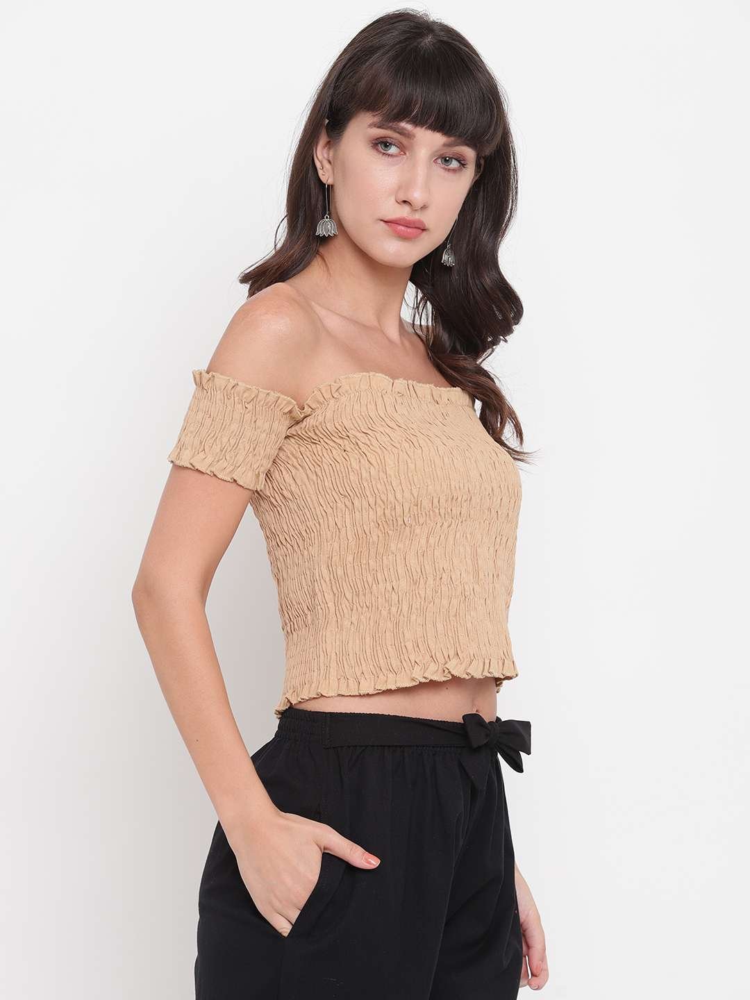 Women's Rayon Solid Off-Shoulder Smocked Crop Top Short Sleeve Casual Styles Tank Top (FREE SIZE) Multi17 - Image 2